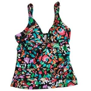 A&H Sportswear black green pink multi color v neck bathing suit top sz 10